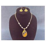 Silver-Toned Pendant Necklace and Earrings Set wit