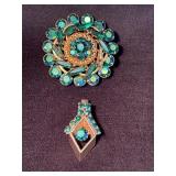 Gold-Tone Brooch and Pendant Set with Green Aurora