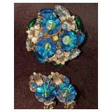 Vintage Rhinestone Floral Brooch and Clip-On Earri