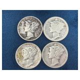 4 US Mercury Dimes - 1923, 1941, 1943, 1944