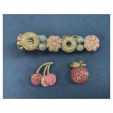 Rhinestone Floral Bracelet and Fruit Pin Set