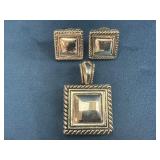 Silver-Tone Square Pendant and Earring Set with Ro