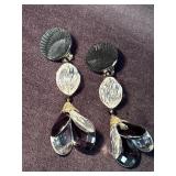 Vintage Black and Clear Glass Clip-On Dangle Earri