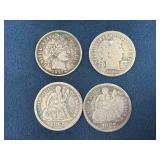 Four United States Dimes from 1890, 1897, 1899, an