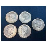 Five Kennedy Half Dollars, Mixed Dates, Silver Con