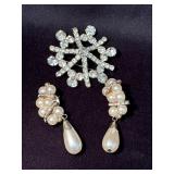 Rhinestone Brooch and Pearl Dangle Clip-On Earring