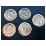 Five Kennedy Half Dollars, 1964 and 1967