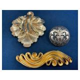 Three Vintage Metal Brooches with Gold and Silver