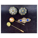 vintage clip-earrings, pins, and brooch
