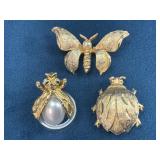 Three Gold-Tone Insect Motif Brooches with Pearl A