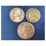 Three U.S. Coins: 1943 & 1946 Nickels, 1963 Quarte
