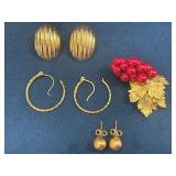 Gold-Tone Earrings and Brooch with Red Beads