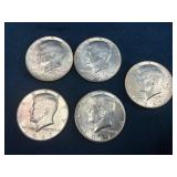 Five 1964 Kennedy Half Dollar Coins
