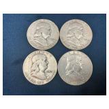 Four Franklin Half Dollars, 1953, 1955, and 1962