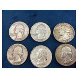 Six Silver Washington Quarters, Various Years (194