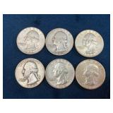 6 U.S. Washington Silver Quarters (1944-1964)