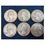 Six Washington Silver Quarters, 1944-1964