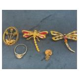 Brooches, Ring, and Lapel Pin with Gold-Tone Accen