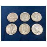 6 Silver Half Dollars Featuring Franklin, Kennedy,