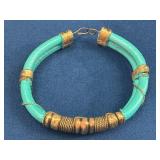 Turquoise-Colored Leather and Brass Beaded Necklac