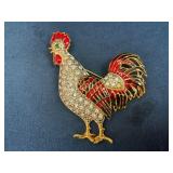 Gold-Tone Rooster Brooch with Rhinestones and Red