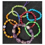 Seven Stretch Bracelets with Gemstone and Wood Bea