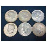 Six 1964 Kennedy Half Dollar Silver Coins