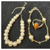 Sterling Silver Lot with Two Pearl Bracelets and A