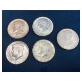 Five 1964 Kennedy Half Dollars 90% Silver Coins