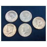 Five 1964 Kennedy Half Dollars, 90% Silver