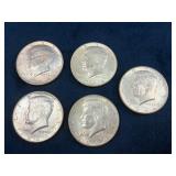 Five 1964 Kennedy Half Dollar Coins in Silver
