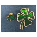 Two Green Shamrock Pins with Gold and Silver Tones