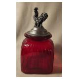 Red Glass Jar with Rooster Lid