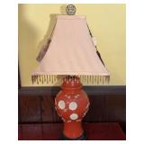 Red Ceramic Table Lamp With Floral Relief