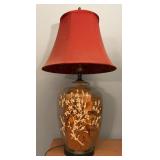 Glass Table Lamp With Red Shade and Floral Ap