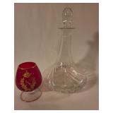 Clear Glass Decanter and Ruby Red Ornate Gold