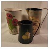 Three Hand Painted Metal Pitchers