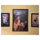 Framed Clown Print and 2 Liquor Posters