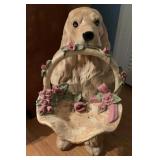 Ceramic Dog Basket Figurine with Floral Accen