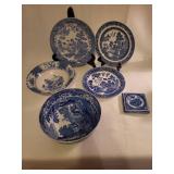 Six Oriental Blue and White China Pieces