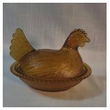 Amber Glass Hen on Nest Covered Dish