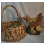 Hen and Chicks Figurine with Wicker Basket