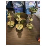 Brass Candleholders and Two-Handled Brass Pot