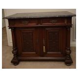Marble Top Ornate Walnut Sideboard Cabinet