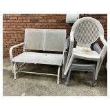 Outdoor Mesh Loveseat and Plastic Stackingï¿½Ch
