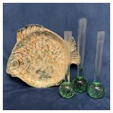 Ceramic Fish Plate and Three Glass Bud Vases