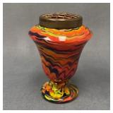 Czech Splatter Glass Flower Vase w/ Metal Frog Top
