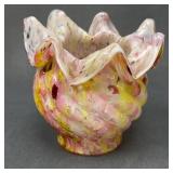 Vintage Splatter Glass Rose Bowl with Ruffled Top