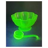 Vaseline Glass Flower Bowl and Ladle Set