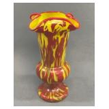 Red and Yellow Art Glass Vase with Ruffled Rim